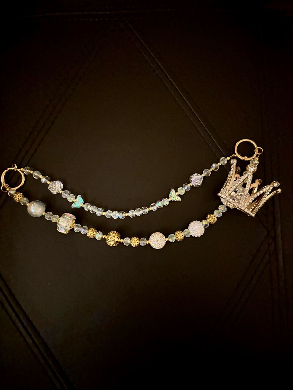 Crystal Crown Beaded Purse Charm Strap – Gold Iridescent Princess Bag Jewelry
